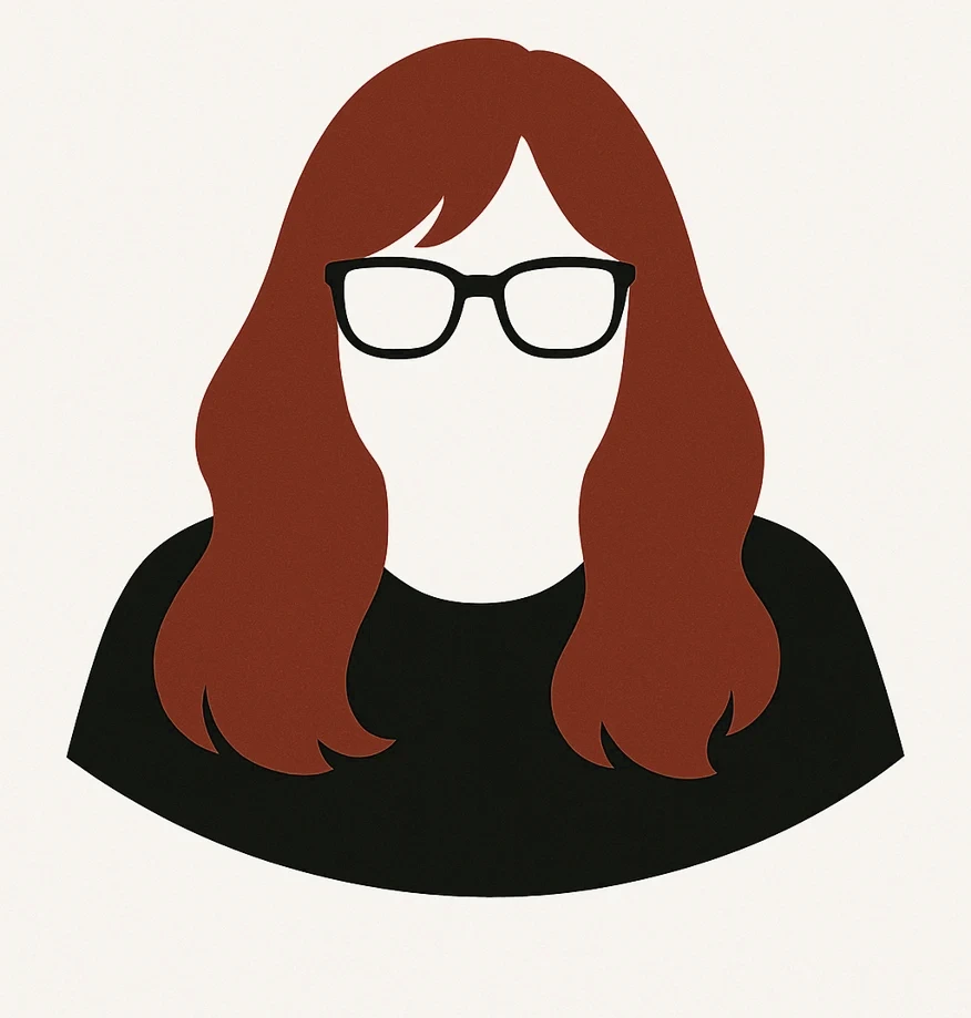 Illustration of Tina Oxendine with long red hair and black glasses